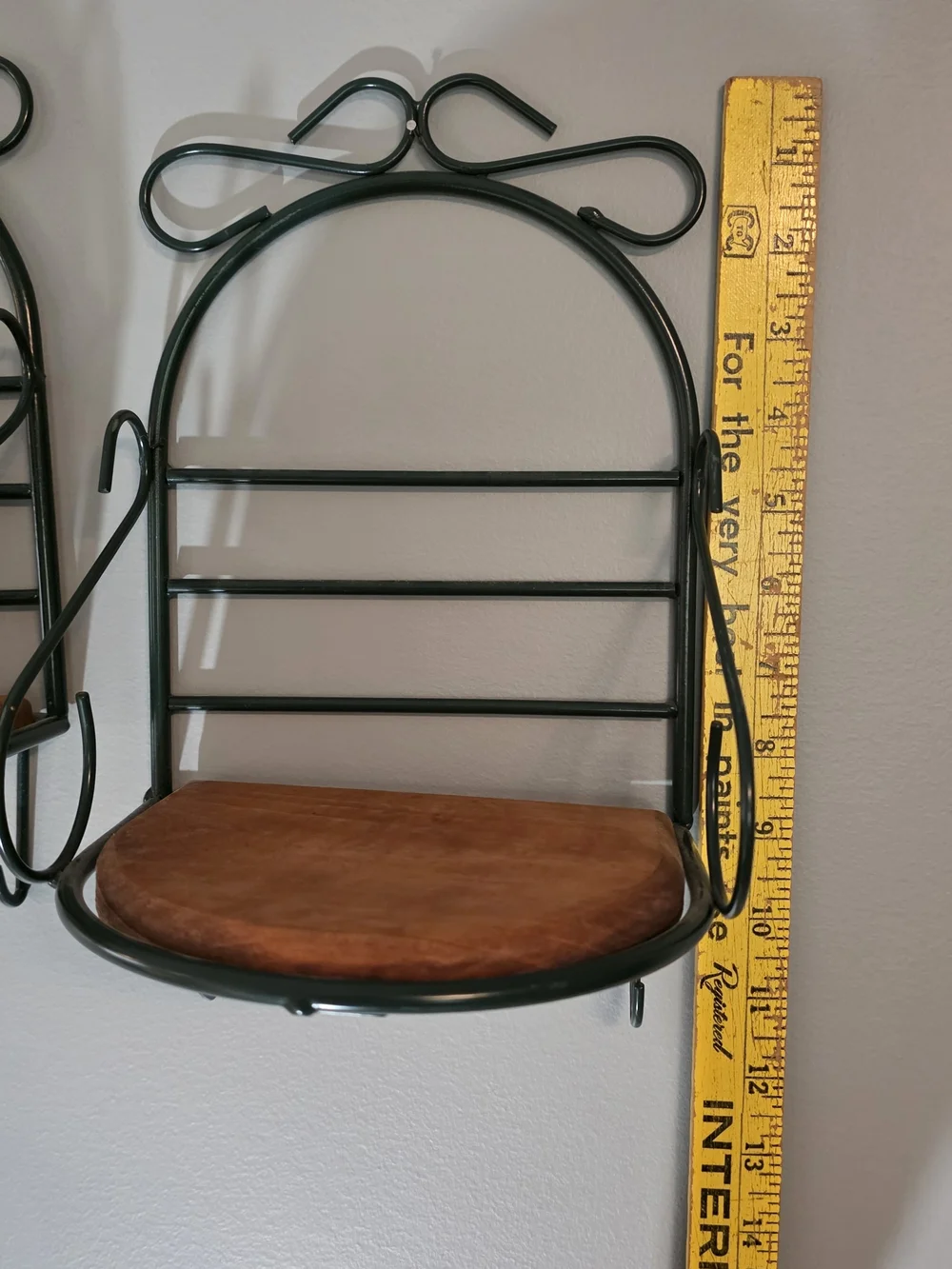 Pair of Wall-Mounted Display Shelves in Dark Green with Wood Seats